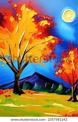 Autumn landscape. Trees with yellow-orange foliage. Digital oil painting, tracing
