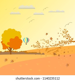 Autumn landscape with tress, bird, balloon air, leaf, fall leaves, dry grass on october season. Vector Illustration Background