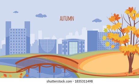 Autumn landscape with urban multi-storey buildings, houses in the background. Horizontal format. vector illustration