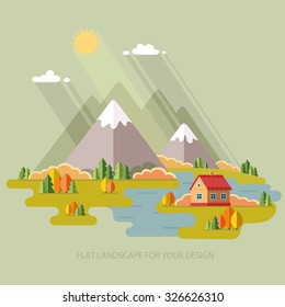 Autumn landscape. Vacation home on a background of mountains. Vector illustration in flat design style.
