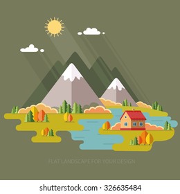 Autumn landscape. Vacation home on a background of mountains. Vector illustration in flat design style.