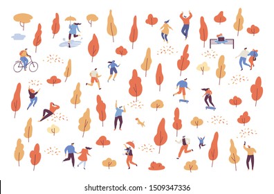 Autumn landscape. Various people at autumn park background. Leisure outdoor activities - walking dog, playing with ball, jogging, reading, picnic. Cartoon style flat vector illustration.