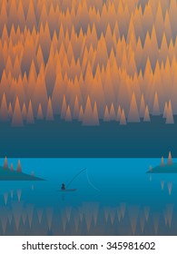 Autumn landscape vector background with foliage trees and a lake. Fisherman fishing from his boat. Eps10 vector illustration.