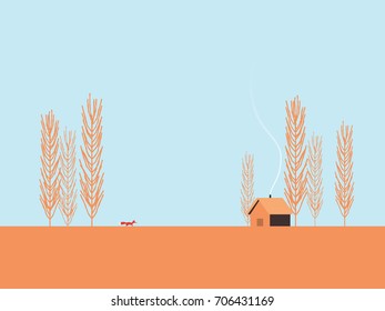 Autumn landscape vector concept with minimalistic design of cottage, cabin, house and a fox. Eps10 vector illustration.