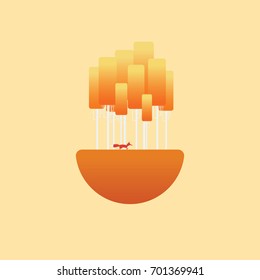 Autumn landscape vector concept symbol with orange leaves on birch trees and fox. Relaxation, calm scenery. Eps10 vector illustration.