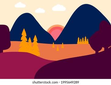 Autumn landscape vector. Flat style illustration. Bright illustration. Sunrise light. Autumn forest background. Sky background. Vector illustration. Wonderful colors.