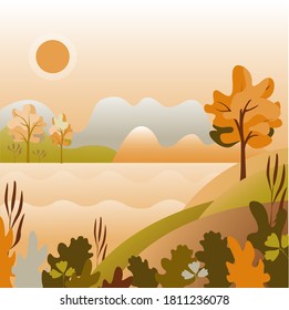 Autumn landscape vector illustration. Background witch mountains, fields,trees,sun .