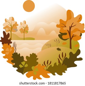 Autumn landscape vector illustration. Background witch mountains, fields,trees,sun .