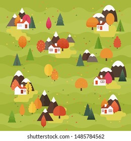 Autumn landscape vector illustration. Flat style orange, yellow, red trees and firs with village cottage houses. Seamless pattern