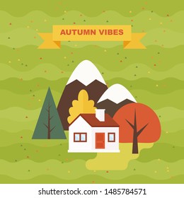 Autumn landscape vector illustration. Flat style orange, yellow, red trees and firs with village cottage houses.