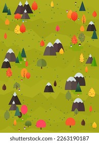 Autumn landscape vector illustration. Flat style trees and firs with village cottage houses and mountains. Nature scene poster or card.
