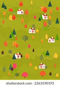 Ilustración vectorial del paisaje otoñal. Árboles de estilo plano y primeros con casas de campo y montañas. Afiche o tarjeta de la escena natural.