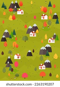 Ilustración vectorial del paisaje otoñal. Árboles de estilo plano y primeros con casas de campo y montañas. Afiche o tarjeta de la escena natural.