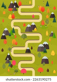 Herbstlandschaft, Vektorgrafik. Flache Bäume und erste mit Dorfhäusern und Bergen. Nature szene Poster oder Karte.
