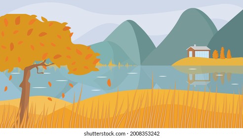 Autumn landscape vector illustration. Mountains, water and fields fall scenery.