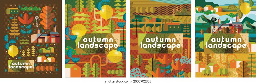 Autumn landscape. Vector illustration of orange nature, city, trees, leaves, house, forest, harvest, lemon and objects. Drawings for poster, background or cover