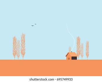 Autumn landscape vector illustration with poplar trees and minimalistic cabin. Fall postcard template concept. Eps10 vector illustration.