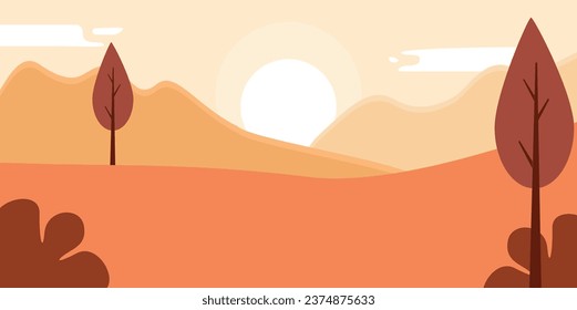 
Autumn landscape, vector illustration. Trees, bushes, sun and mountains.