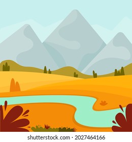 Paisaje otoñal. Vistas a las montañas, al bosque y al río. Esparcimiento al aire libre. Gráficos vectoriales de estilo plano