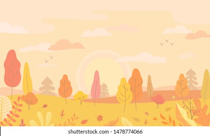 Autumn landscape view with yellow trees, panoramic scene of fall forest, Sunrise, clouds, maple and oak leaves on the ground, flowers and plant. Horizontal banner. Vector illustration.