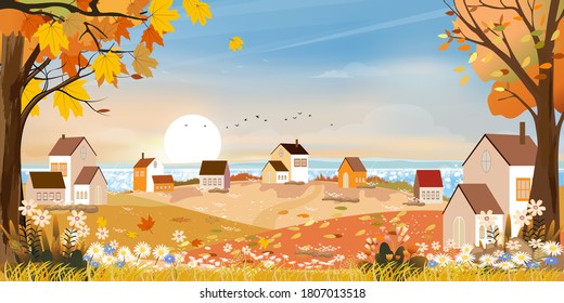 Autumn landscape at village by the lake with pink and blue sky,Panoramic Fall season at countryside by the sea with grass field, farmhouse, barn and wild flowers,Vector beautiful nature background