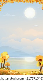 Paisaje otoñal en el pueblo a orillas del río con césped y montaña con cielo azul y nubes, Vector Cartoon Campo otoñal junto al lago con amanecer,Temporada otoño fondo para pantalla móvil 