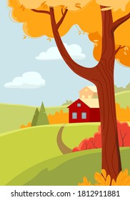 Autumn landscape with village and colorful tree. Clear, sunny day. Yellow and red leaves. Rural pastoral landscape with fields, two houses and a road. 
Vector illustration.