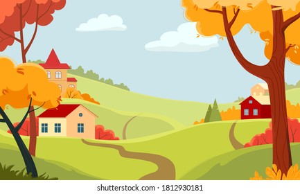 Autumn landscape with village and colorful trees. Clear, sunny day.  Rural pastoral landscape with fields, four houses and a road. 
Vector illustration.