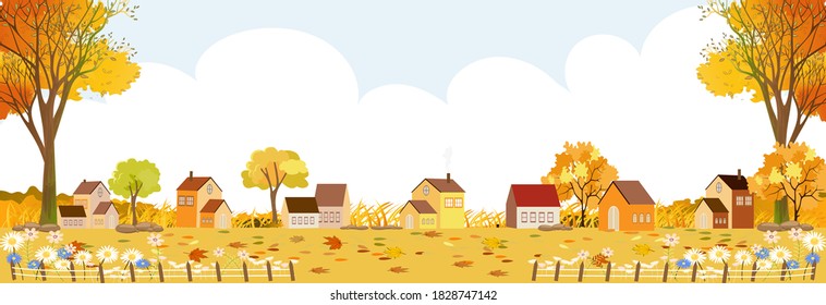 Autumn landscape in village with copy space, Vector illustration Flat design rural landscape in country with farm house, Village scene country panorama view in Fall season