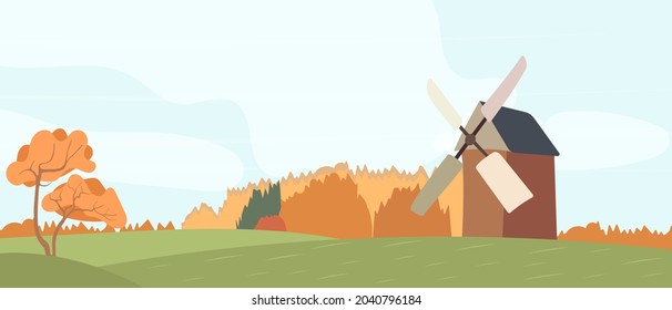 Autumn landscape with a village mill, flat cartoon vector. Rural landscape with meadows and fields.