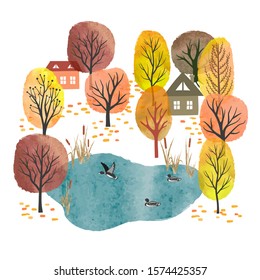 Autumn landscape. Village vector illustration. Watercolor autumn trees, pond with ducks and houses.