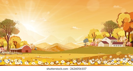 Autumn landscape with warm yellow, orange sunset sky, colorful foliage, fallen leaves,serene forest and farm fields scene.Vector picturesque fall season in countryside for nature seasonal decor,poster