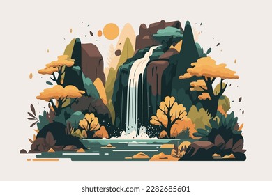 Autumn landscape with waterfall nature background. Colorful vector illustration in flat style.