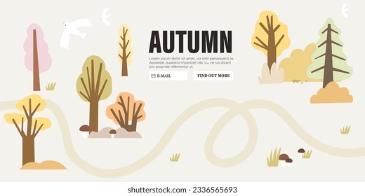 Autumn landscape web banner, poster, placard design with trees, fields, leaves. Countryside, park or forest landscape. Autumn horizontal background. Vector fall season illustration.