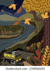 Autumn landscape, which depicts trees, mountains, and a river. The school building, seen from the top, and perhaps this is not a school building, but an office.