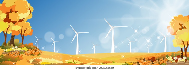 Autumn landscape of windmill farm at village with sunlight shining in the morning,Turbine energy for electric power production on hill,Vector Farm land with alternative energy creation with wind power