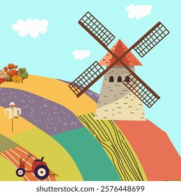 Autumn landscape with a windmill. Hand drawn vector art.