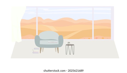 Autumn landscape in the window. Cozy interior.