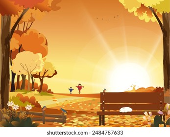 Autumn landscape wonderland fores,Mid autumn natural in orange foliage with ripe wheat fields and cute scarecrow in sunny day, Cute cartoon smiling scarecrow standing on fram fields in fall season.