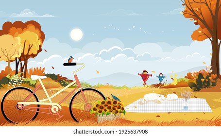 Autumn landscape wonderland forest ,Mid autumn natural in orange foliage with Kingfisher bird standing on bicycle and cat sleeping,Cute cartoon smiling scarecrow standing on farm fields in fall season