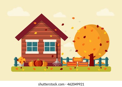 Autumn Landscape with Wooden House, Pumpkins, Leaves, Tree, Fruit and Rake. Flat Design Style. 