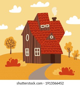 Autumn Landscape with Wooden House, Tree, bush and footpath. Flat vector illustration Design Style