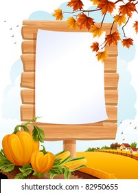 Autumn landscape with the wooden sing