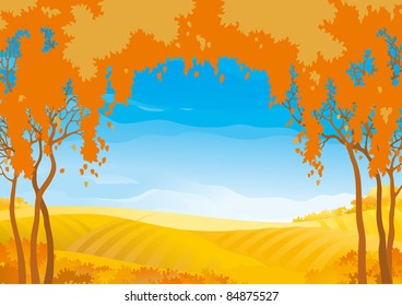 Autumn landscape with yellow fields with frame of orange trees