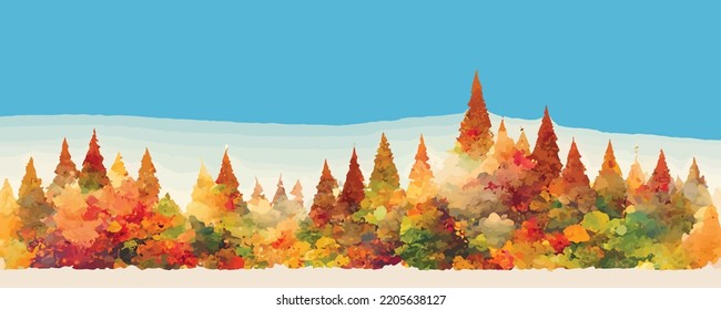 autumn landscape, yellow, red trees and white, blue sky