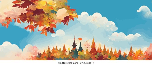 autumn landscape, yellow, red trees and white, blue sky, banner
