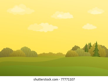 Autumn landscape with the yellow sky and forest with the various trees