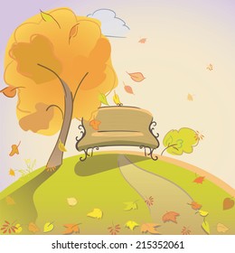 Autumn landscape with yellow tree bench and leaves falling. Vector illustration