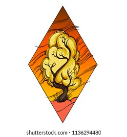 Autumn landscape with yellow tree in the shape of diamond. Vector illustration isolated on white background for posters, stickers and much more.
