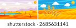 Autumn landscape with yellow trees and river. Harvest field with golden wheat under blue sky. Seasonal nature concept.